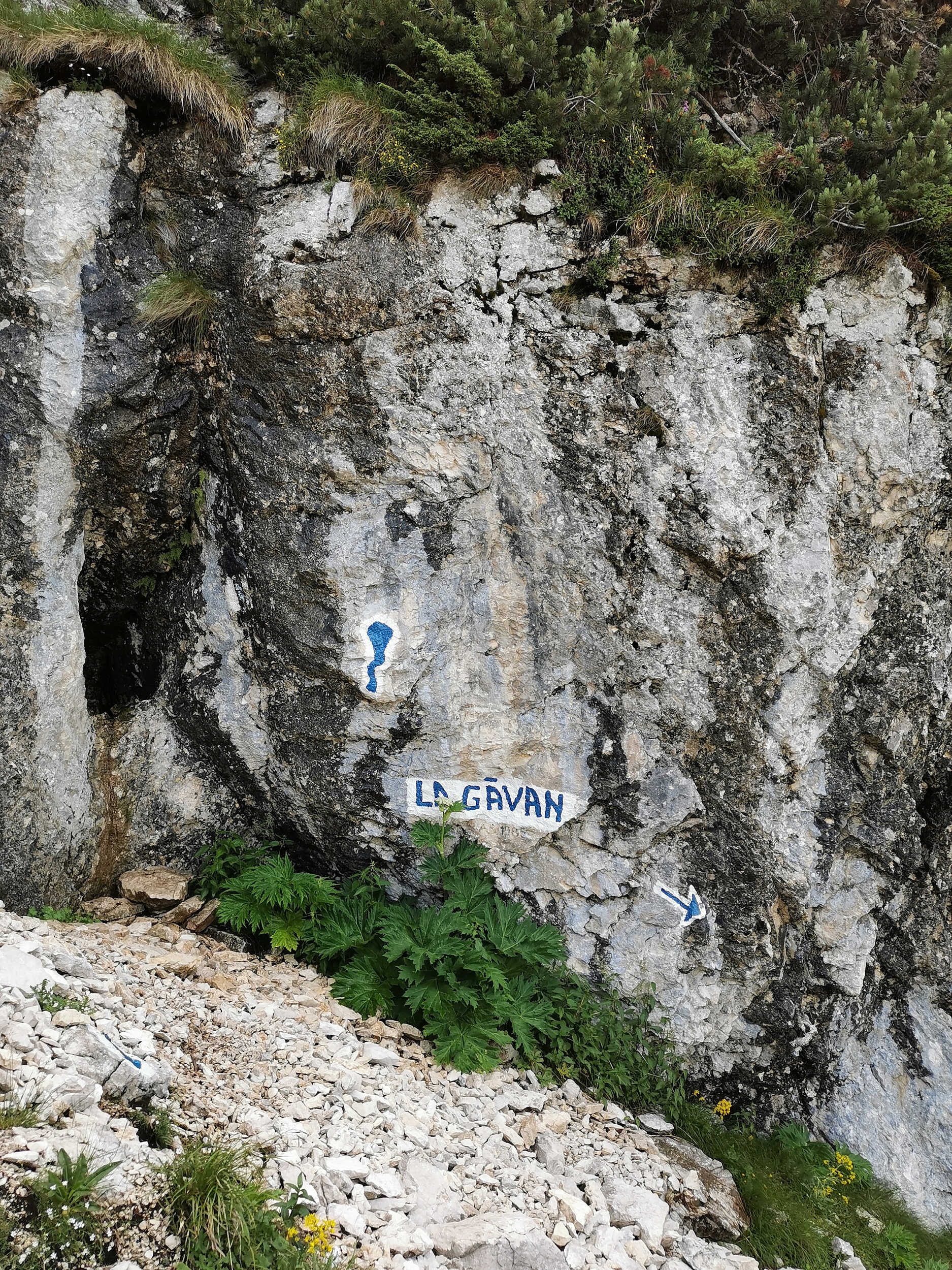 Munții Piatra Craiului / Pramen kousek od sedla Padinei Închise. Studánka je schovaná ve výklenku ve skále - tmavý čtverec vlevo od znaku studánky.
