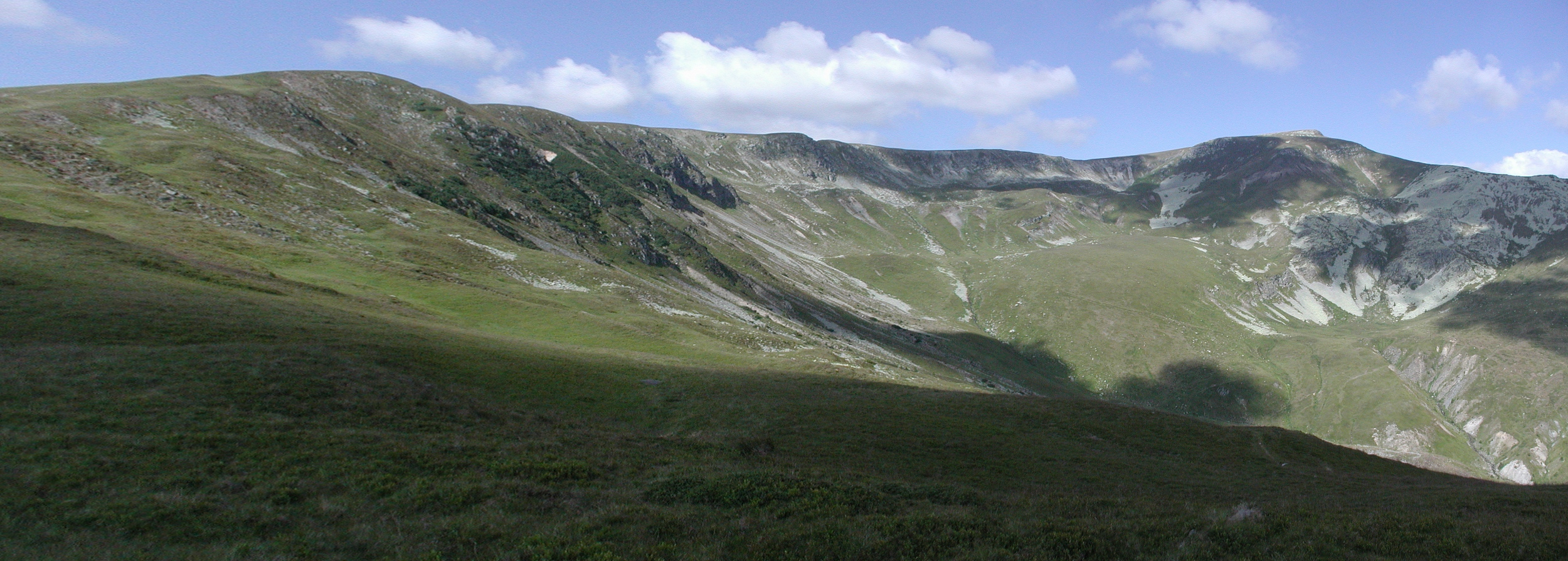 Munții Țarcu / Jižní strana pohoří. Vysoký, ale oblý hřeben. Tráva, kameny. Bez kleče, beze skal.